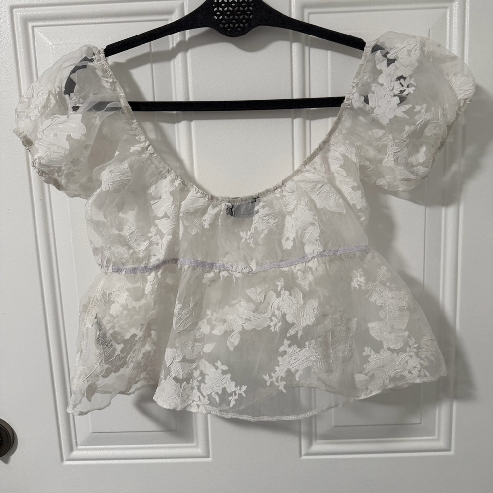 ASOS DESIGN sheer floral jacquard baby doll top in white, Size 4 - Picture 5 of 9